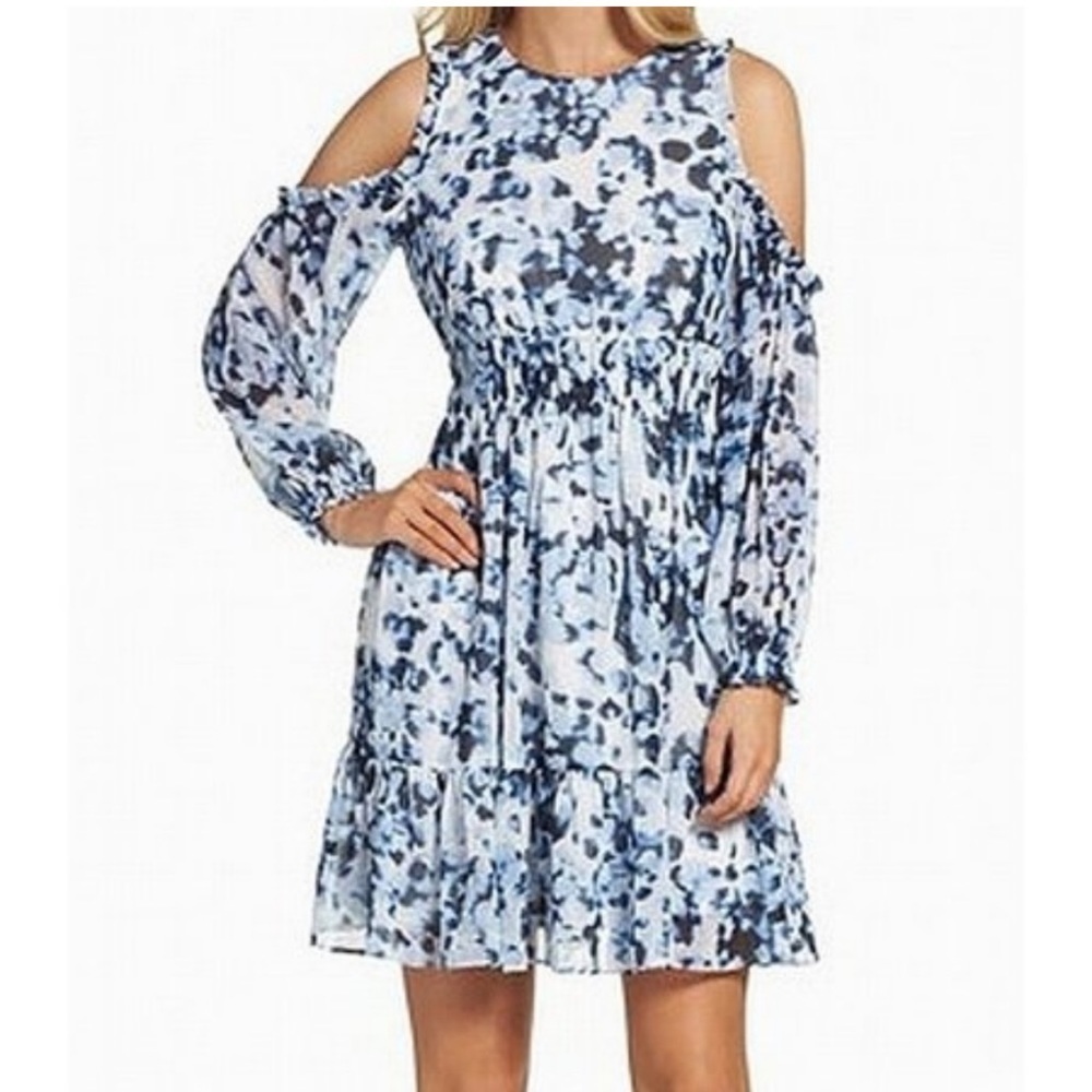 NWT Eliza J Blue Floral Cold Shoulder Ruffle Dress Size 6 Romantic Midi